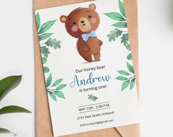 Cute Bear Birthday Invitation, Editable Template (Digital Download)