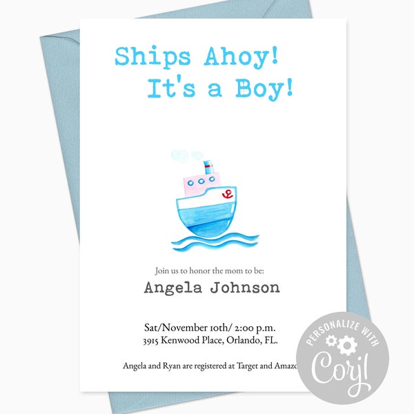 Editable Nautical Baby Shower Invitation. Little Boat Blue and White. Baby Shower Invites. Instant Download Template.