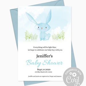 Editable Bunny Baby Shower Invitation. Baby Bunny Blue and White. Baby Shower Invites. Easter. Instant Download Template.