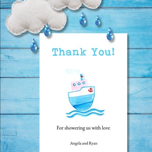 Carte de remerciement de la baby shower nautique. Petit bateau bleu et blanc. Carte de douche pour bébé. Modèle de téléchargement instantané.