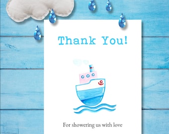 Nautical Baby Shower Thank You Card. Little Boat Blue and White. Baby Shower Card. Instant Download Template.