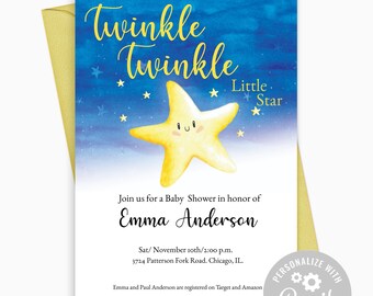 Editable Twinkle Twinkle Baby Shower Invitation. Yellow Twinkle Star and Blue Sky. Baby Shower Invites. Instant Download Template.