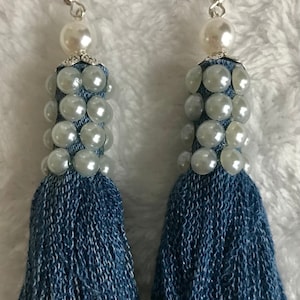 Denim fabric tassel earrings