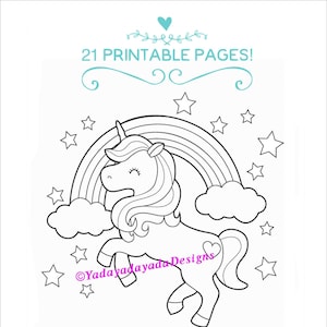 21 Unicorn coloring pages - printable digital download. PDF