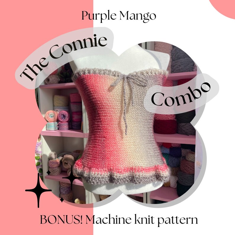 May include: A knitted top in shades of pink, cream, and gray, displayed on a mannequin. The top features a ruffled hem and a bow detail at the front. The text "The Connie Combo" and "Purple Mango" are visible.
