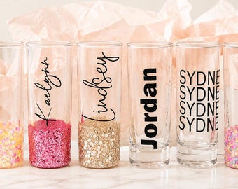 Shot Glass Personalized  -- GLITTER: New Years, Bachelorette, Birthday, Graduation and Groom Party Favor