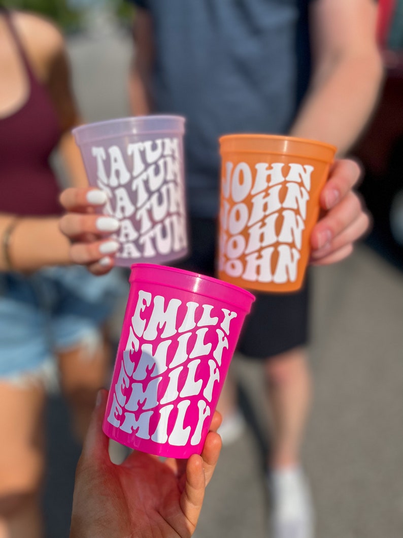 Personalized name party cups, custom reusable color changing frosted cups for bachelorette weekends, bridal showers, birthdays, vacations, and wedding favors.