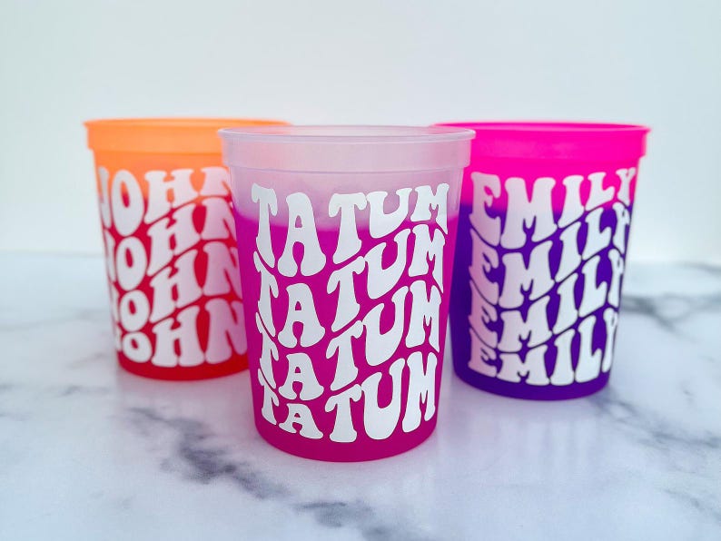 Personalized name party cups, custom reusable 16 oz color changing frosted cups for bachelorette weekends, bridal showers, birthdays, vacations, and wedding favors. Let's add pool parties to the mix!