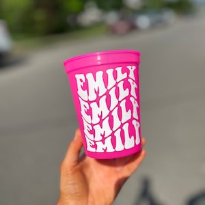 Personalized name party cups, custom reusable color changing frosted cups for bachelorette weekends, bridal showers, birthdays, vacations, and wedding favors.