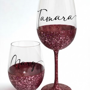 Personalized stemless wine glass with glitter-dipped bottom half, customized with any name for bridesmaids, birthdays, and special events.