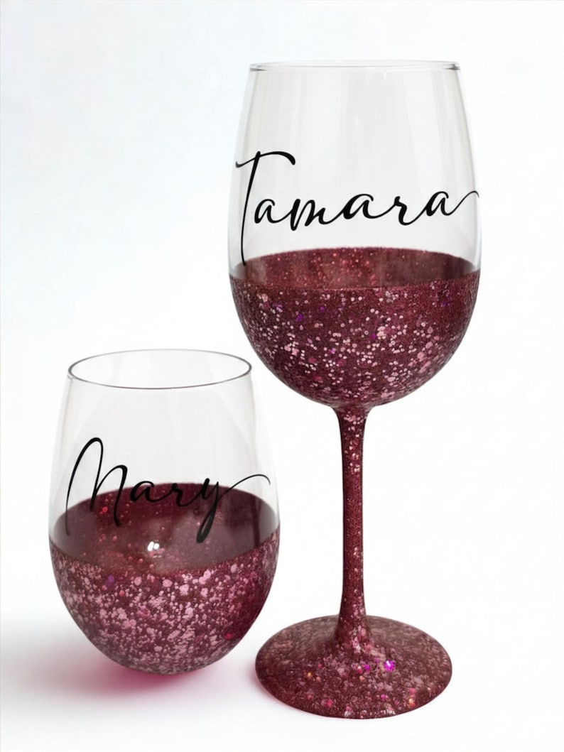 Personalized stemless wine glass with glitter-dipped bottom half, customized with any name for bridesmaids, birthdays, and special events.