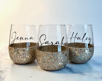Personalized Glitter Stemless Wine Glass | Custom Name Party Cup | Mother's Day, Birthday gifts