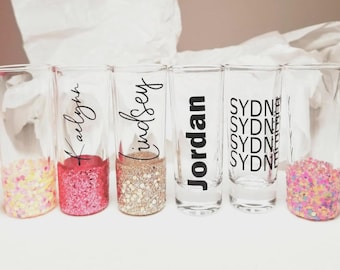 Shot Glass Personalized  -- GLITTER: New Years, Bachelorette, Birthday, Graduation and Groom Party Favor