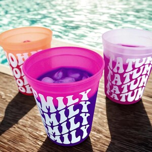 Personalized name party cups, custom reusable color changing frosted cups for bachelorette weekends, bridal showers, birthdays, vacations, and wedding favors. Let's add pool parties to the mix!