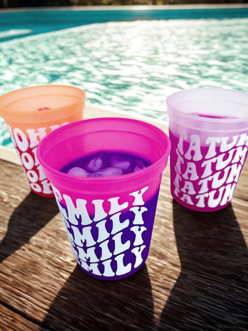 Personalized name party cups, custom reusable color changing frosted cups for bachelorette weekends, bridal showers, birthdays, vacations, and wedding favors. Let's add pool parties to the mix!
