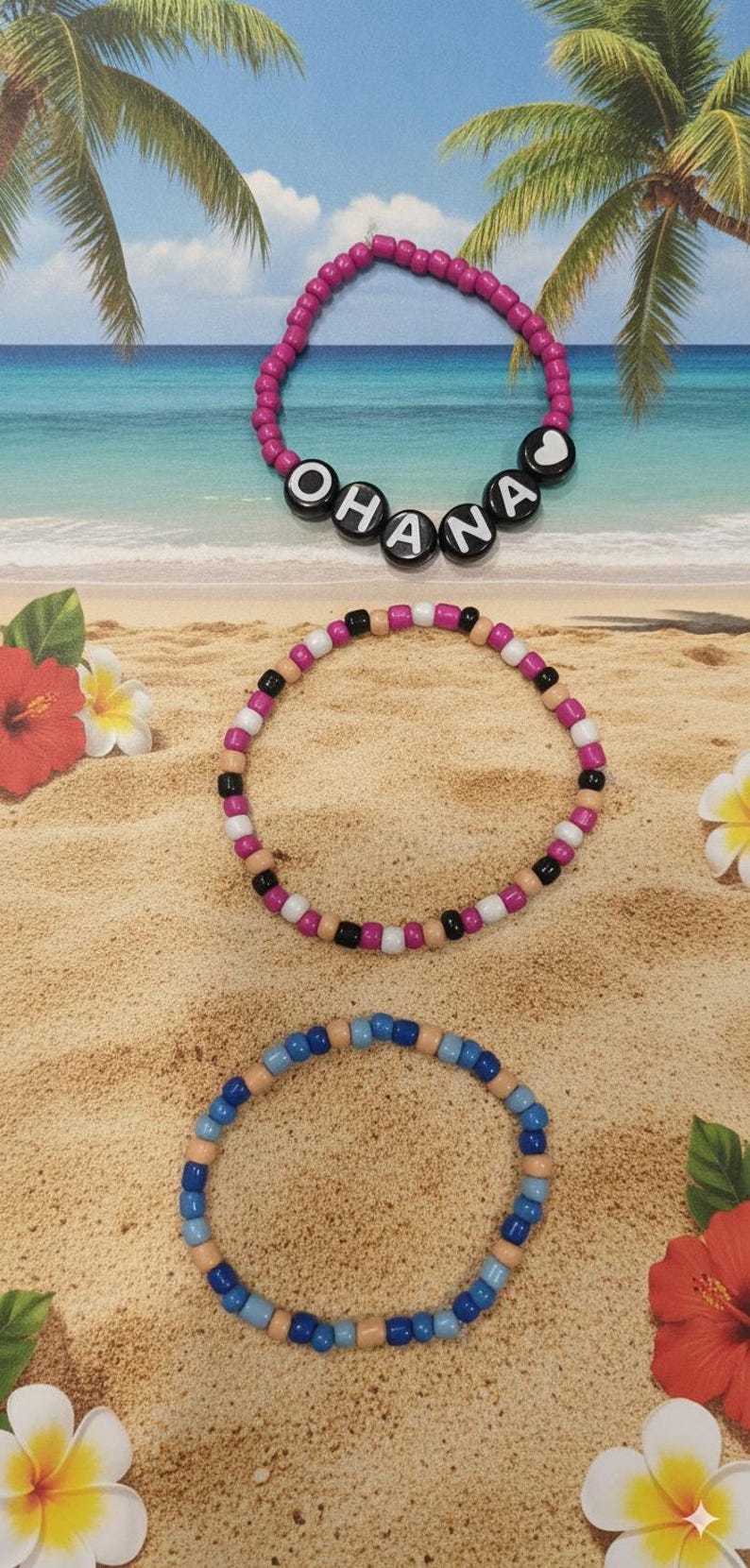 Puede incluir: Tres pulseras circulares de cuentas. La pulsera superior tiene cuentas rosas y cuentas con letras negras que forman la palabra OHANA con un coraz&oacute;n blanco. La pulsera central tiene un patr&oacute;n de cuentas rosas, blancas, negras y color canela. La pulsera inferior tiene cuentas azules y color canela.