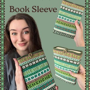 Puede incluir: La funda para libros The Kleio es un estuche rectangular de ganchillo con bandas horizontales de patrones geométricos en verde, blanco y marrón. Incluye un cierre de botón circular en el borde superior para asegurar el libro dentro de la funda.