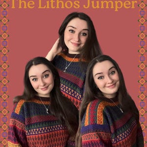 Puede incluir: La imagen muestra a tres mujeres con el jersey The Lithos. El jersey es un suéter colorido con patrones geométricos en tonos de rojo, naranja, azul y verde. El fondo es de color rojo liso, con el texto "The Lithos Jumper" en la parte superior.