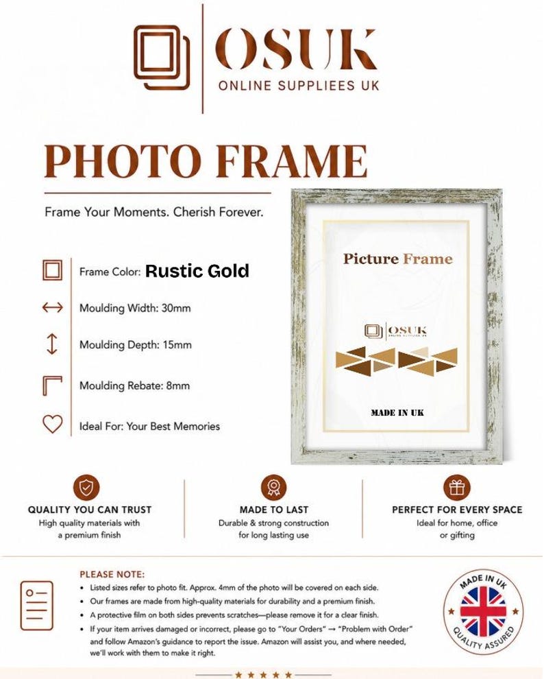 May include: A rustic gold photo frame with a 30mm moulding width, 15mm moulding depth, and 8mm moulding rebate. The product information sheet displays the brand name OSUK Online Supplies UK, technical specifications, and a Made in UK quality seal.