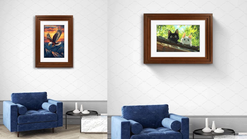 May include: Two framed wall art prints displayed in separate room settings. The left print features a bald eagle flying over mountains at sunset. The right print shows a black cat and a white cat peering over a roof edge amidst green foliage.