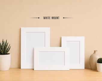 May include: Three white picture frames with white mounts arranged in a group. The text "WHITE MOUNT" is printed above the frames. A green succulent in a white pot and a beige vase with a small cactus are placed on either side of the frames.