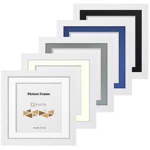 May include: A set of five square white picture frames arranged in a cascading diagonal line. Each frame features a different colored mat board in black, blue, gray, cream, and white. The front frame displays the text Picture Frame, OSUK, and MADE IN UK.