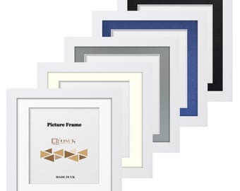 May include: A set of five square white picture frames arranged in a cascading diagonal line. Each frame features a different coloured mount in black, blue, grey, cream, and white. The front frame displays the text Picture Frame, OSUK, and MADE IN UK.