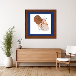 May include: A square framed wall art piece featuring a dark brown wood frame and a deep blue mat. The central print displays a black line drawing of a plant in a vase, layered over abstract shapes in shades of terracotta, peach, and beige.