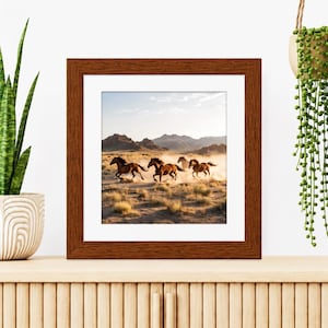 May include: A square wooden frame containing a photograph of four brown horses galloping across a dry, dusty landscape with mountains in the background. The frame is positioned between a tall green snake plant and a hanging string of pearls plant.