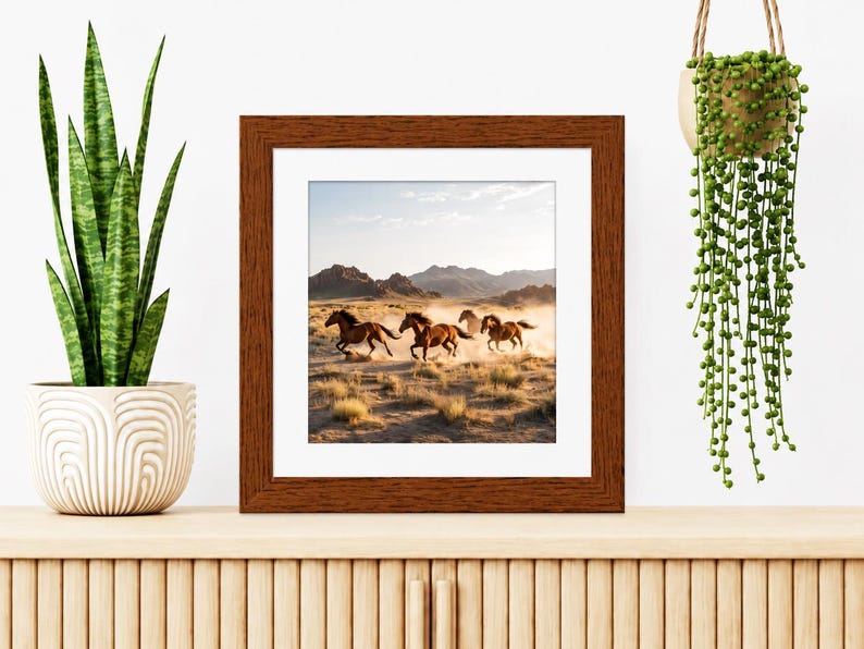 May include: A square wooden frame containing a photograph of four brown horses galloping across a dry, dusty landscape with mountains in the background. The frame is positioned between a tall green snake plant and a hanging string of pearls plant.