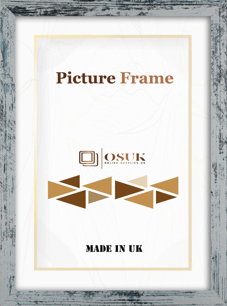 May include: A rectangular picture frame with a distressed grey and black finish. The insert features the text Picture Frame, the logo for OSUK Online Supplies UK, a row of brown and tan triangles, and the text MADE IN UK at the bottom.