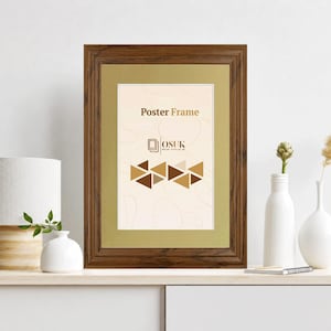 May include: A rectangular wooden poster frame with a dark brown finish and a gold-coloured mat board. The insert features the text "Poster Frame" and "OSUK" above a graphic pattern of brown and gold triangles on a light cream background.