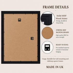 May include: A black rectangular picture frame shown from the back, featuring a brown MDF backing board with metal swivel clips. Text highlights frame details including solid MDF wood joints, a strong backing board, and pre-installed hooks.