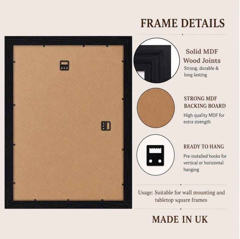 May include: A black rectangular picture frame shown from the back, featuring a brown MDF backing board with metal swivel clips. Text highlights frame details including solid MDF wood joints, a strong backing board, and pre-installed hooks.
