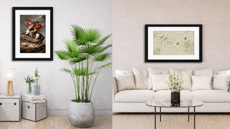 May include: Two framed wall art prints. The left print depicts a figure on a rearing horse wearing a red cape. The right print shows a horizontal landscape with white blossoms and birds on a light background. Both are in black frames with white mats.
