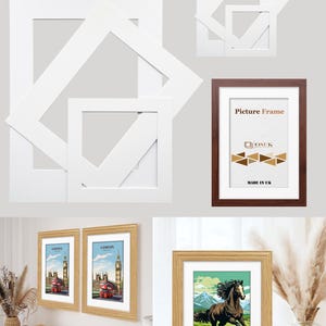 May include: A selection of picture frames and mounts. The image shows white mounts, a brown frame with a white mount, and framed artwork depicting a horse and London scenes. The text "Only Mounts" is displayed at the top of the image.