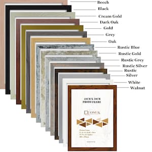May include: A selection of photo frames in a range of colours, such as black, white, and gold, with rustic finishes. The frames are labelled with their colour names. A walnut frame is shown with the text "40CM X 30CM PHOTO FRAME".