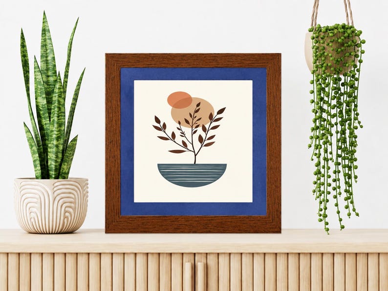 May include: A square wall art print in a dark brown wooden frame with a blue mat. The print features a stylized dark brown plant with leaves growing from a blue semi-circular bowl, set against a cream background with two overlapping tan circles.