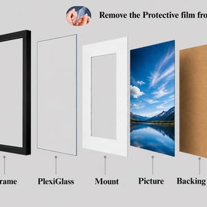 May include: An exploded view of a black picture frame assembly consisting of a black frame, a clear plexiglass sheet, a white mat mount, a landscape photograph of a lake and mountains, and a brown backing board. Text reads: Remove the Protective film.