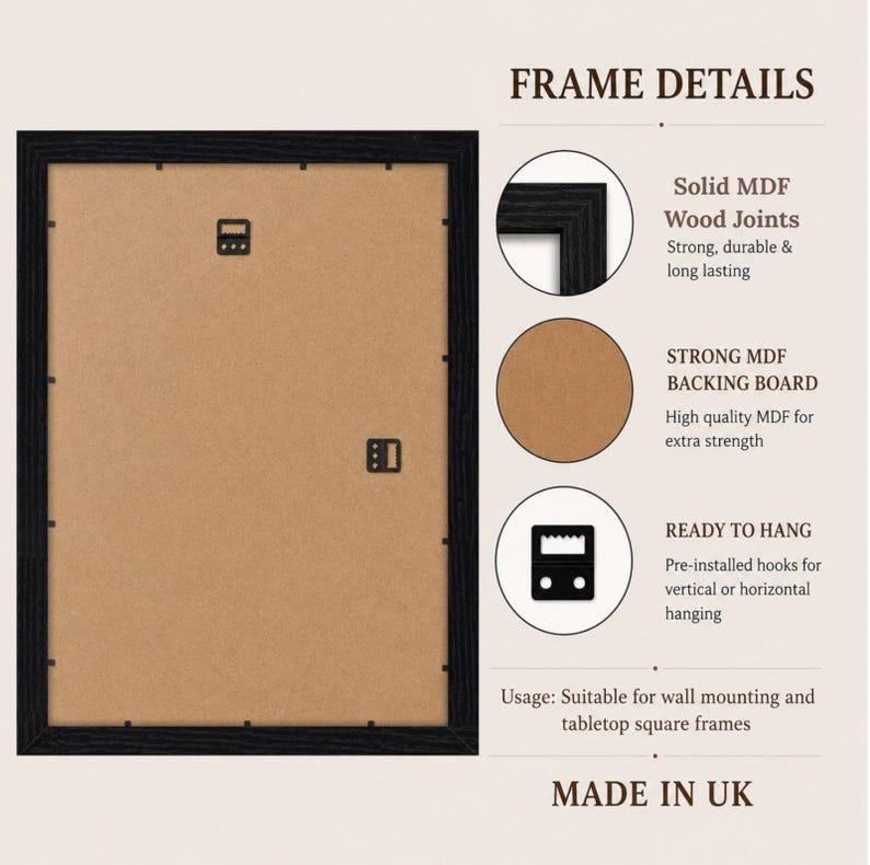 May include: A rectangular black picture frame shown from the back, featuring a brown MDF backing board with metal clips. Text labels describe frame details including solid MDF wood joints, a strong backing board, and pre-installed hanging hooks.