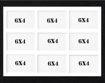 May include: Black picture frame with nine openings for 6x4 inch photos. Each opening has the text "6x4" printed inside.