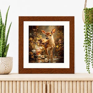 May include: A square framed wall art print featuring a young spotted deer standing in a shallow stream surrounded by autumn foliage in shades of brown, gold, and orange. The artwork is encased in a dark brown wooden frame with a white mat border.