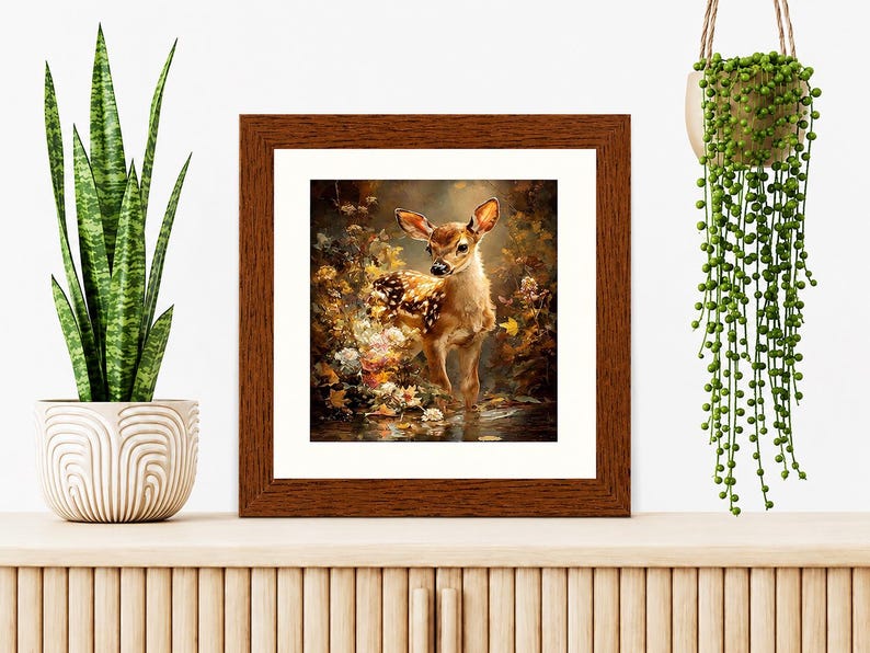 May include: A square framed wall art print featuring a young spotted deer standing in a shallow stream surrounded by autumn foliage in shades of brown, gold, and orange. The artwork is encased in a dark brown wooden frame with a white mat border.