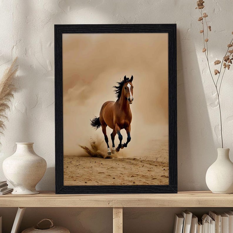 Peut inclure: Une impression d'art mural encadr&eacute;e repr&eacute;sentant un cheval brun avec une liste blanche sur le visage galopant &agrave; travers un paysage d&eacute;sertique sablonneux. Le cheval soul&egrave;ve de la poussi&egrave;re en courant, sur un fond beige dans un cadre noir.