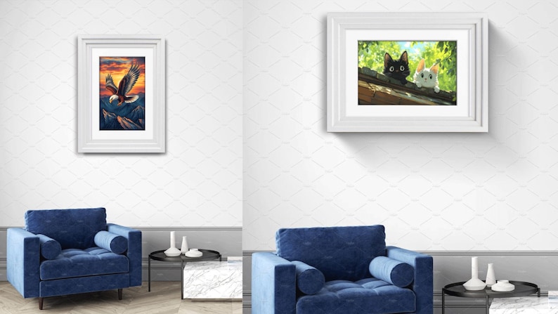 May include: Two framed wall art prints displayed in a room. The left vertical frame shows a bald eagle flying over mountains at sunset. The right horizontal frame depicts a black cat and a white cat peering over a wooden roof amidst green foliage.