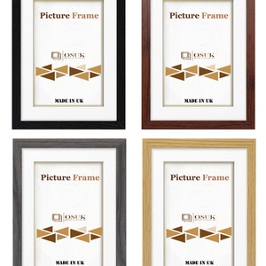 May include: Four picture frames in different colours: black, brown, grey, and light wood. Each frame has a white mount and a white background with the text "Picture Frame" and "OSUK" in gold lettering. The text "Made in UK" is also printed on each frame.