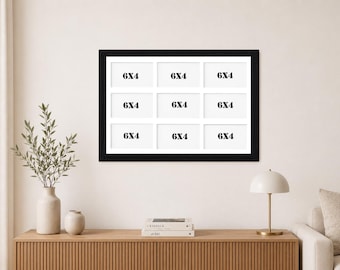 Multi Aperture Photo Frame - Holds 9 6x4" Photos - 20x16 Inch Poster Frame - Hang Portrait and Landscape - 30mm Wide Frame - White Mount