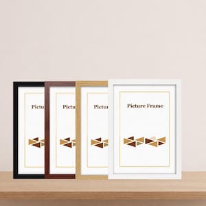 May include: Four rectangular picture frames arranged in a row, featuring black, dark brown, light wood, and white finishes. Each frame contains a white insert with the text "Picture Frame" and a graphic of brown triangles at the bottom.
