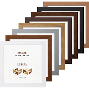 May include: A collection of square picture frames in various finishes including white, grey, light wood, dark wood, and black. Each frame features a white insert with the text SQUARE PICTURE FRAME, the OSUK logo, and a geometric triangle pattern.