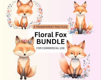 Pacchetto PNG di clipart di volpe floreale, clip art di animali della foresta ad acquerello per la creazione di biglietti, arte stampabile per bambini, volpe carina sorridente, clipart per scrapbooking